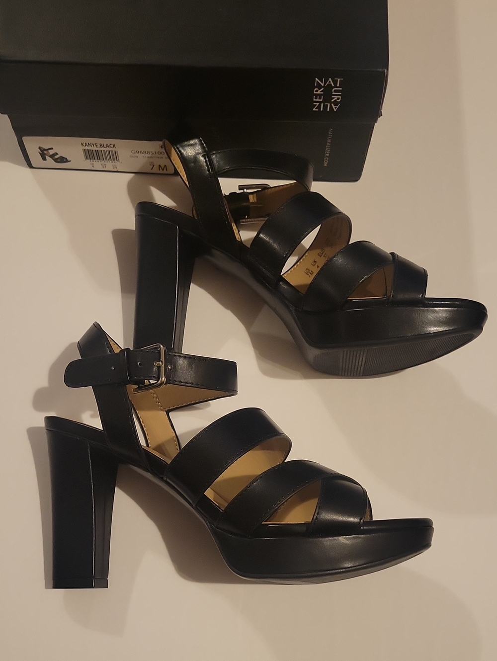 Naturalizer Black Leather Strappy Block Heel Sandal - Picture 2 of 4